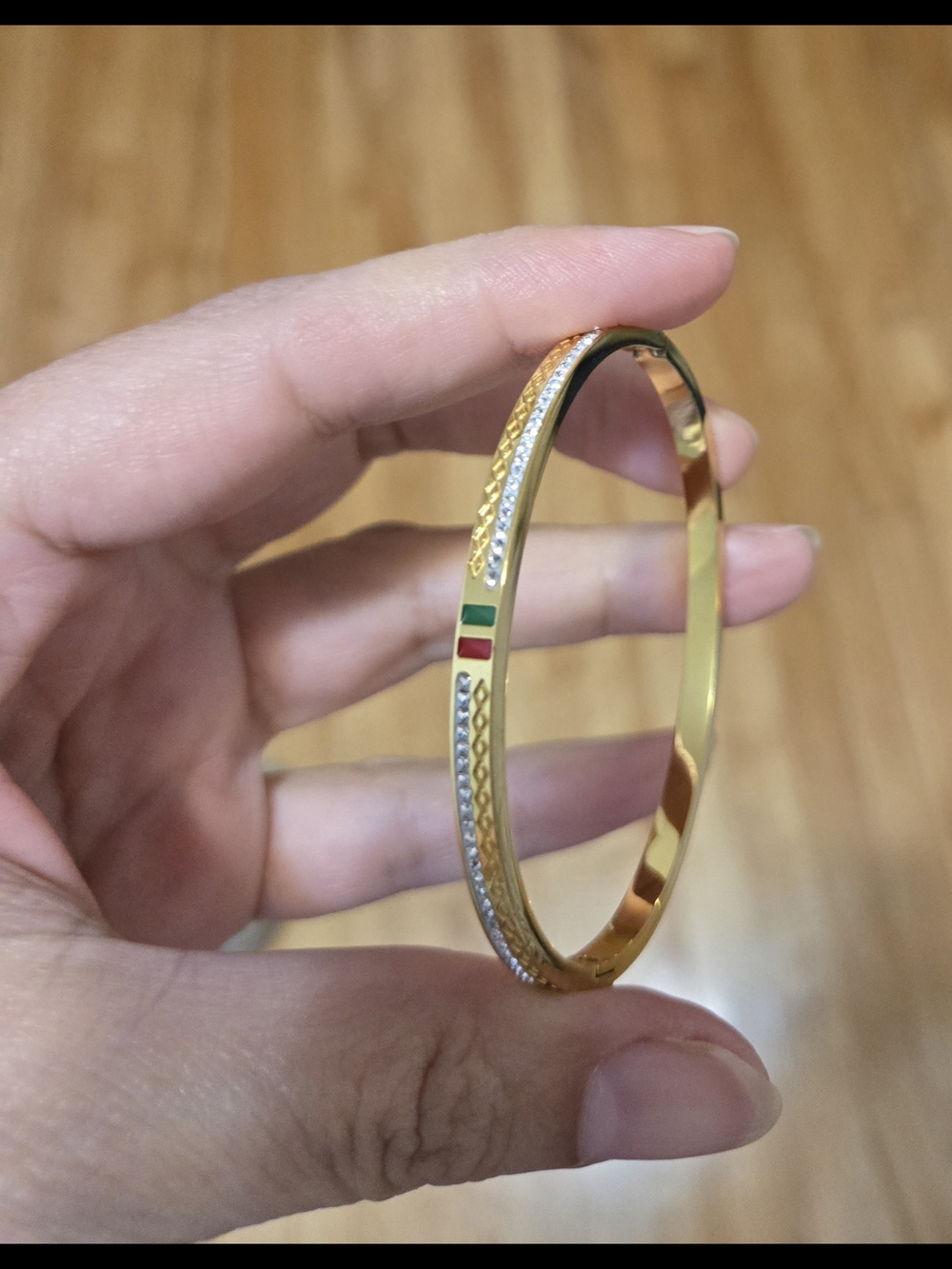 Gold Tone Women's Bangle Bracelet with Red and Green Enamel Accents